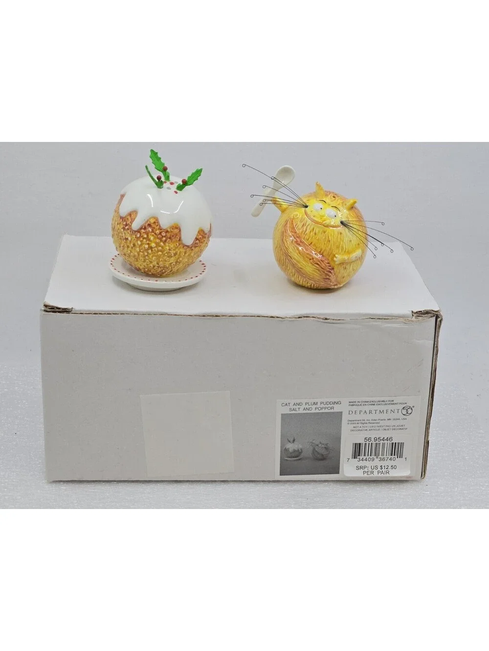 Dept 56 Cat And Plum Pudding Salt And Pepper Shaker Set NIB Rare & Hard To Find